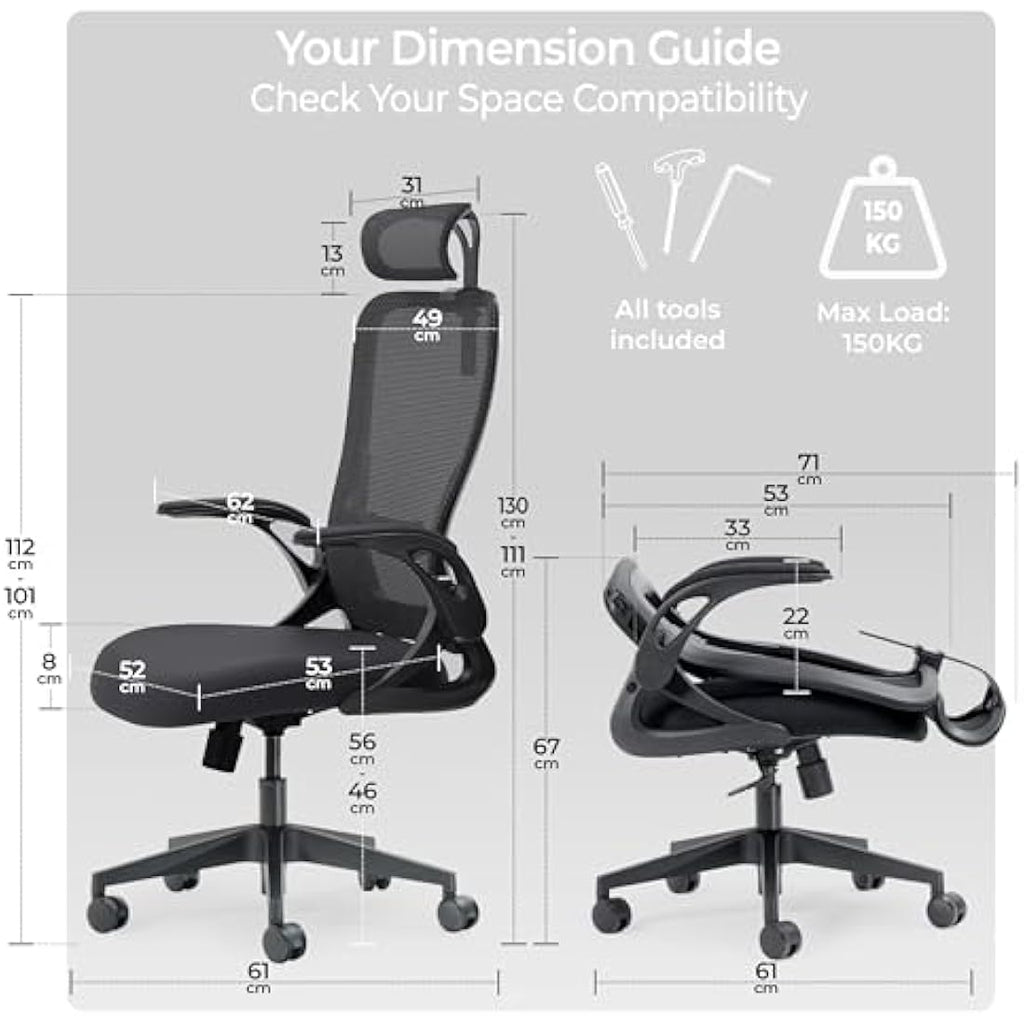 Tervo Model U – Foldable Ergonomic Mesh Office Chair with Flip-Up Arms