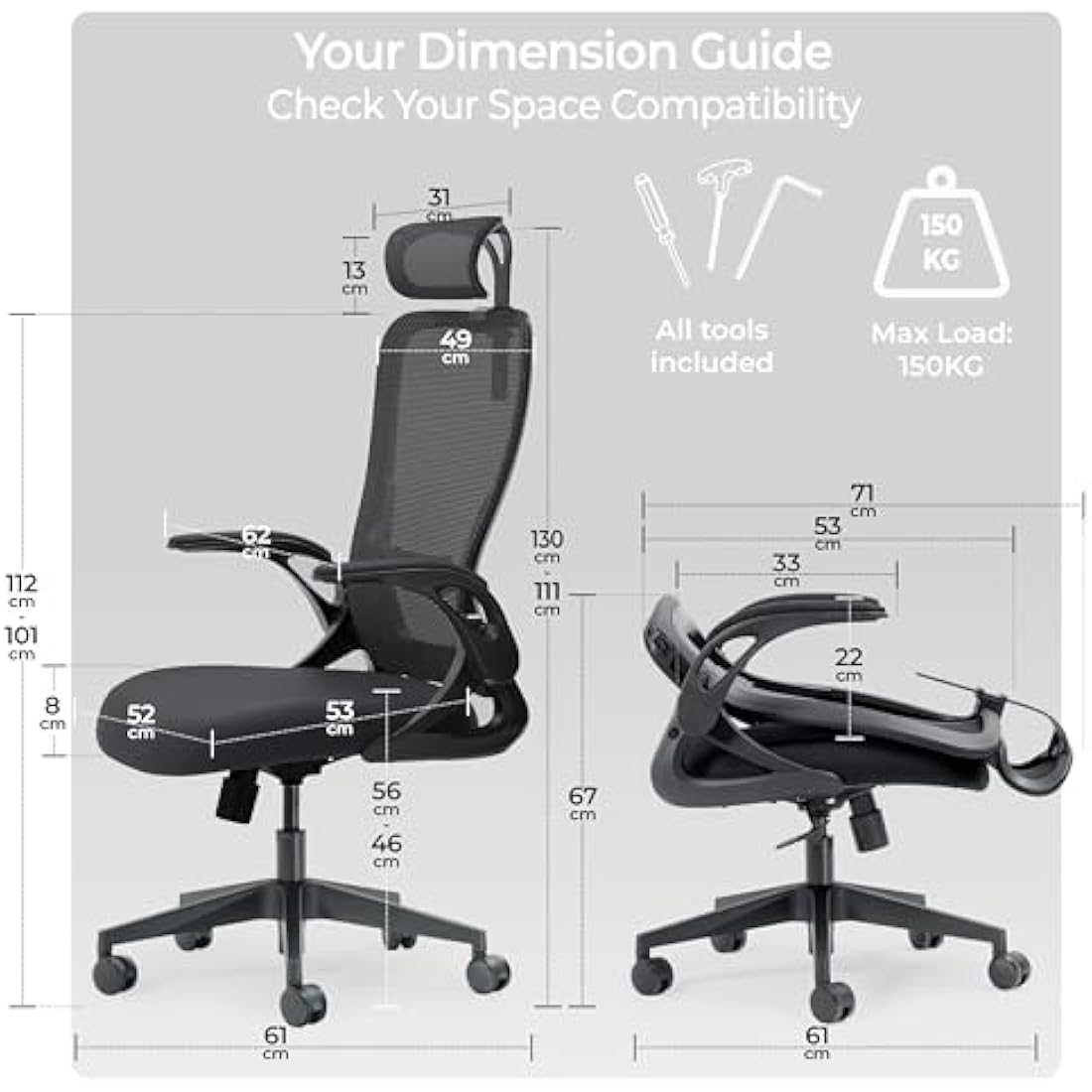 Tervo Model U – Foldable Ergonomic Mesh Office Chair with Flip-Up Arms
