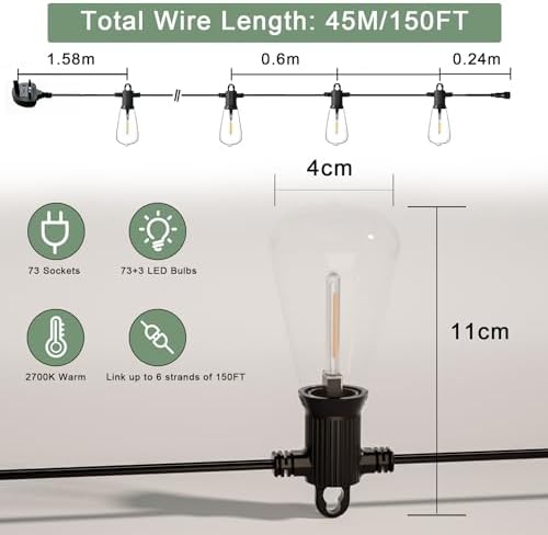 Zuske 45M Festoon Lights Outdoor – 73+3 LED Shatterproof Garden String Lights