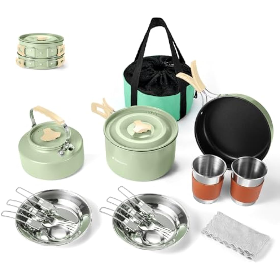 Odoland 15pcs Camping Cookware Mess Kit with Kettle and Utensils