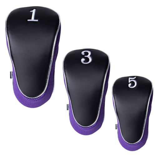 Andux Golf Driver & Fairway Wood Head Covers - 3pc Purple Zipper Set