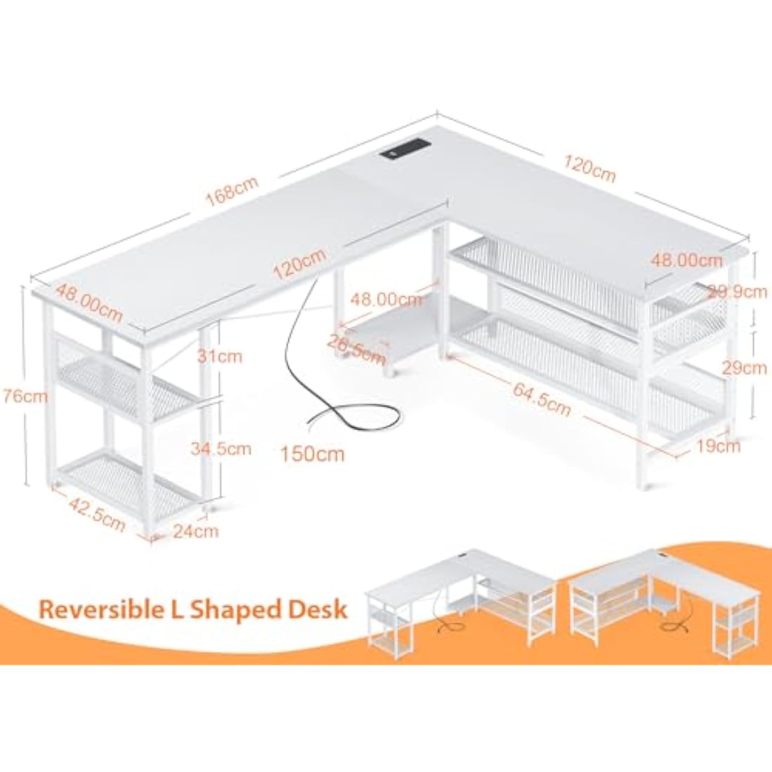 ODK L-Shaped Gaming Desk | Reversible Corner Desk with USB Ports