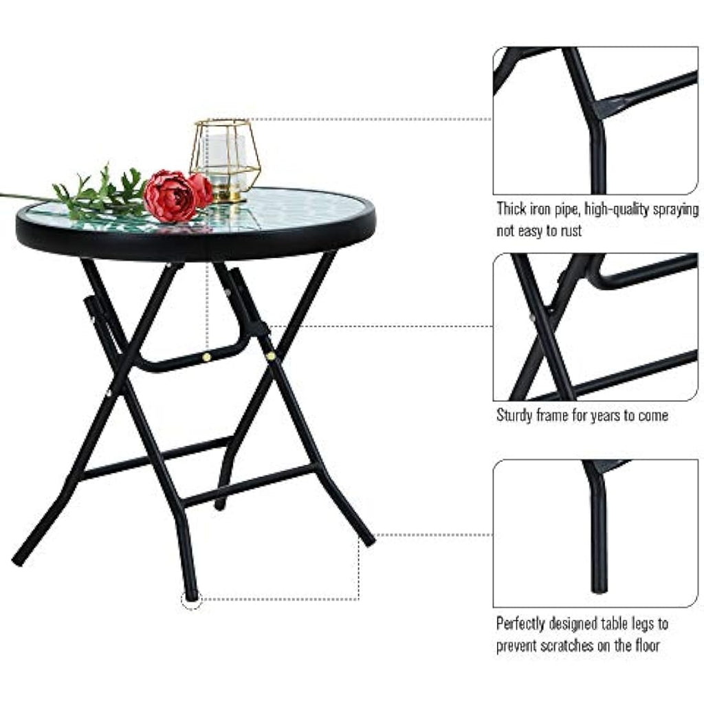 PHI VILLA Folding Side Table – Tempered Glass Outdoor Patio Table