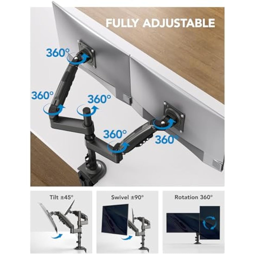 HUANUO Dual Monitor Stand – Gas Spring Height Adjustable Arm for 13-32"