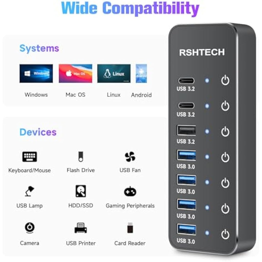 RSHTECH 7-Port Powered USB Hub | 10Gbps USB-C & USB 3.2 Aluminum Splitter