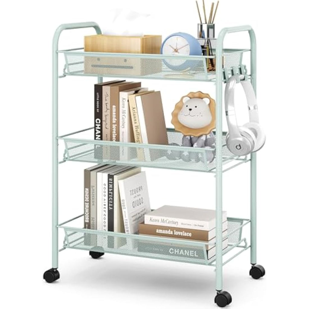 APEXCHASER 3-Tier Rolling Utility Cart | Metal Mesh Storage Trolley, Green