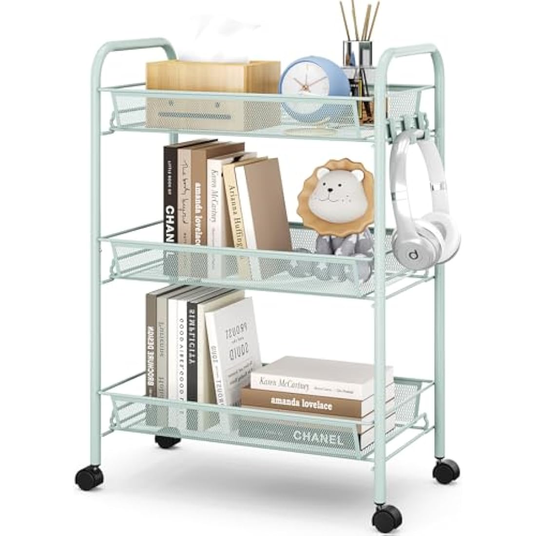 APEXCHASER 3-Tier Rolling Utility Cart | Metal Mesh Storage Trolley, Green