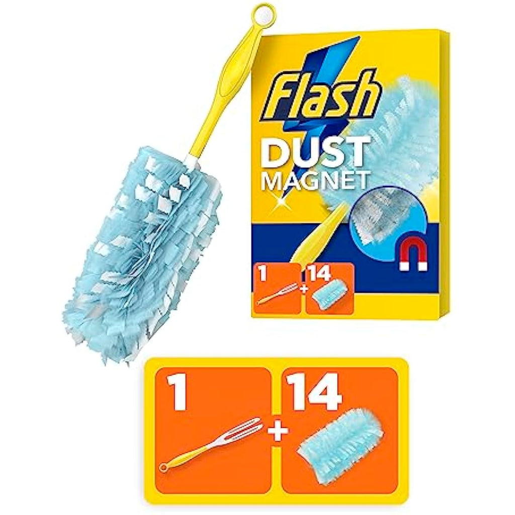 Flash Dust Magnet Starter Kit – 1 Handle + 14 Refills for Dust & Hair