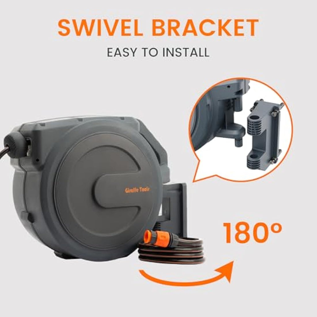 Giraffe Tools Retractable Garden Hose Reel | 25m Wall Mounted Grey EUAW-25