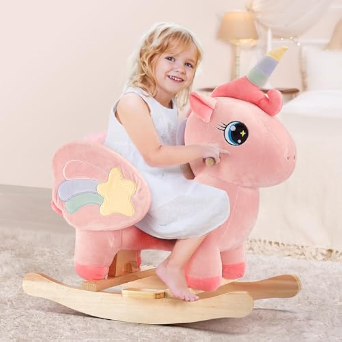FUNLIO Pink Unicorn Baby Rocking Horse - Wooden Ride-on for Toddlers