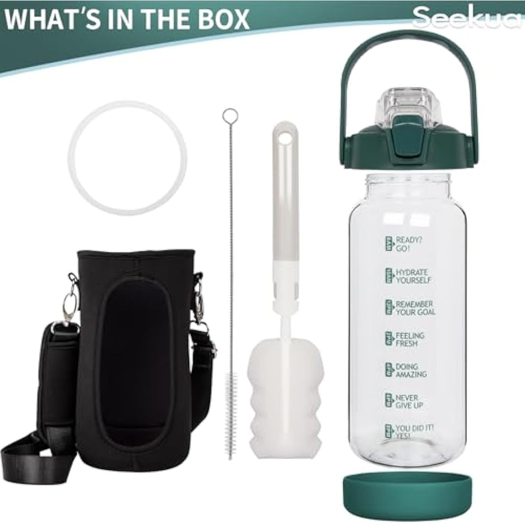 Seekua 2L Glass Water Bottle with Straw | Motivational Time Markings