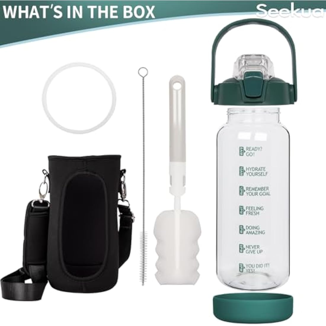 Seekua 2L Glass Water Bottle with Straw | Motivational Time Markings