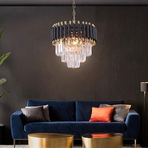 FRIXCHUR Modern 3-Tier Crystal Chandelier – Black and Gold Pendant Light