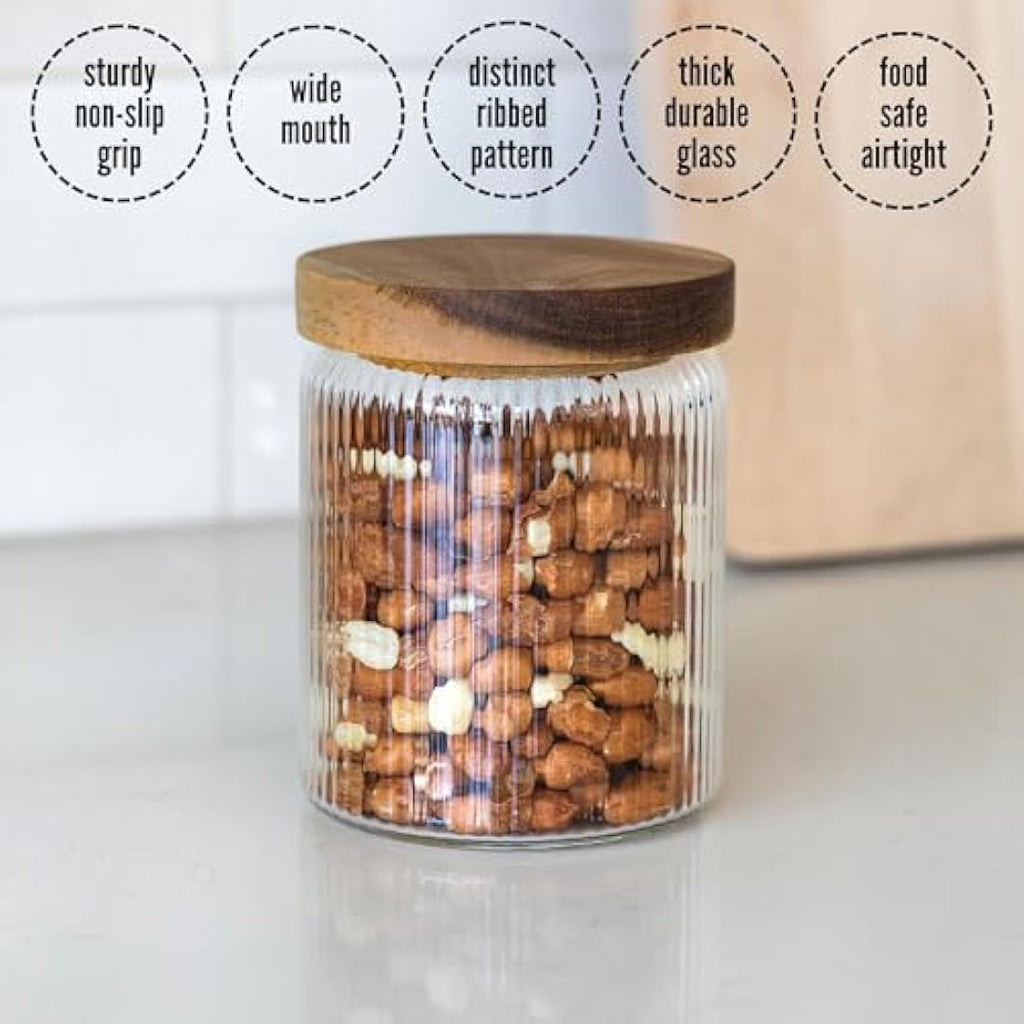 Mason & Fable Ribbed Glass Jars with Acacia Wood Lids - 500ml Set of 3