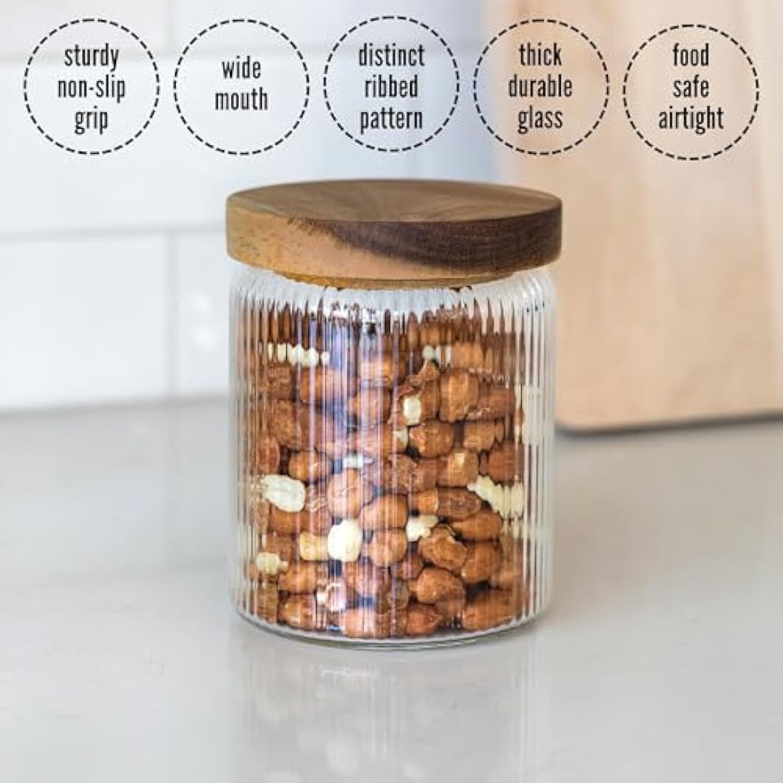 Mason & Fable Ribbed Glass Jars with Acacia Wood Lids - 500ml Set of 3