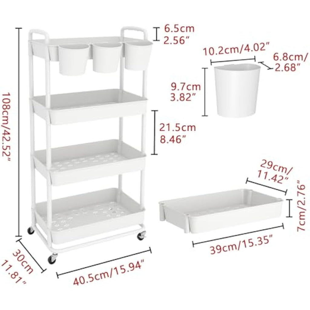 JIUYOTREE 4-Tier Rolling Utility Cart with Handles and Wheels - White