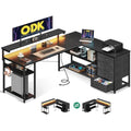ODK L-Shaped Gaming Desk with LED Lights, Power Outlets & Drawers - Black