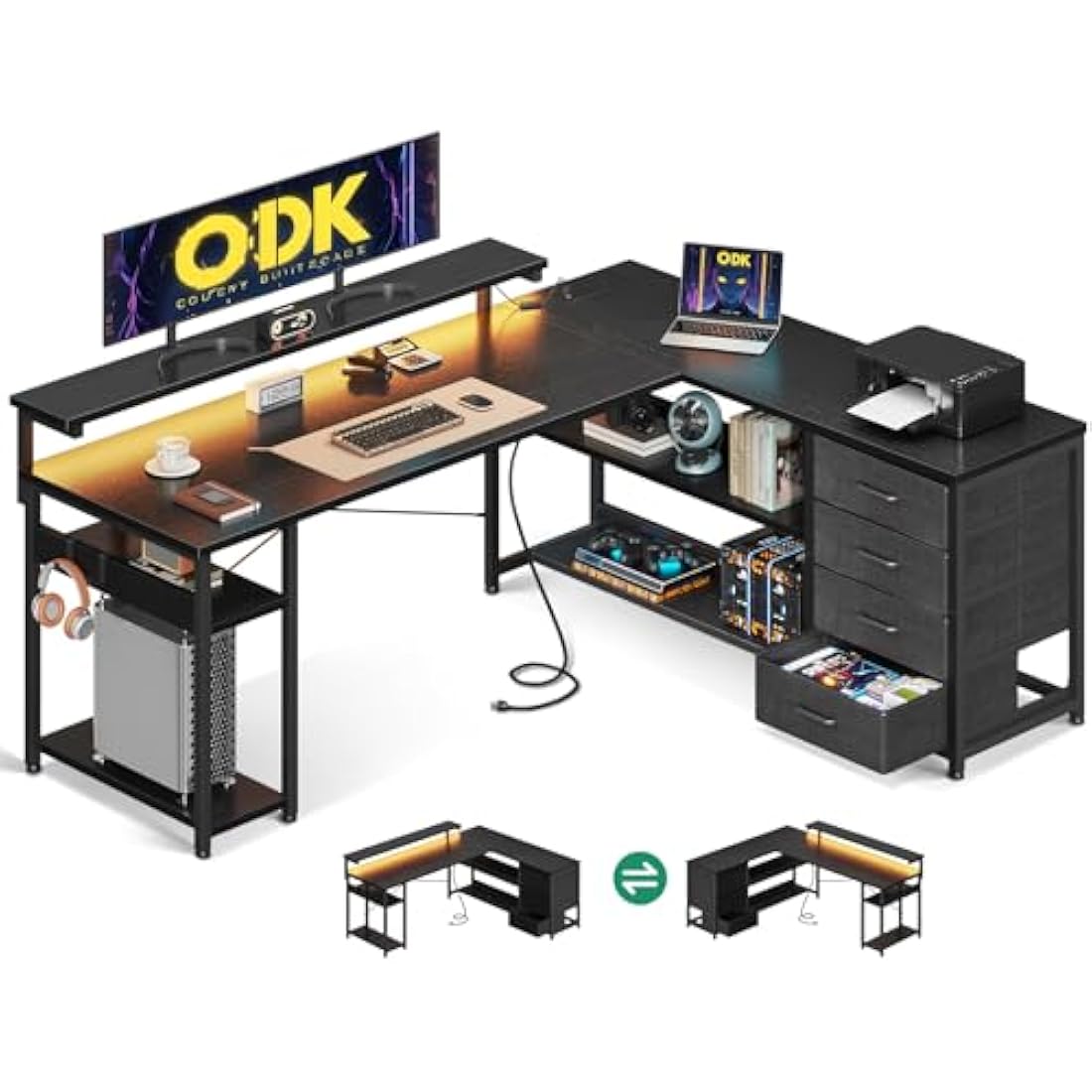 ODK L-Shaped Gaming Desk with LED Lights, Power Outlets & Drawers - Black