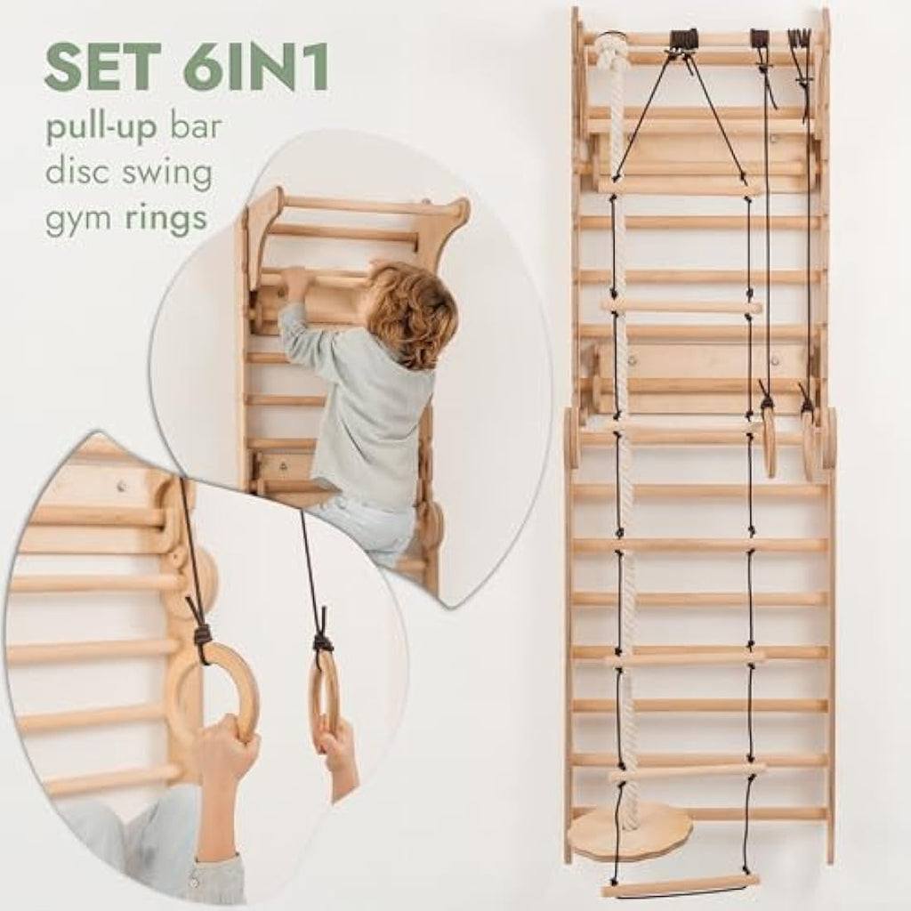6-in-1 Wooden Swedish Wall & Slide Indoor Climbing Frame