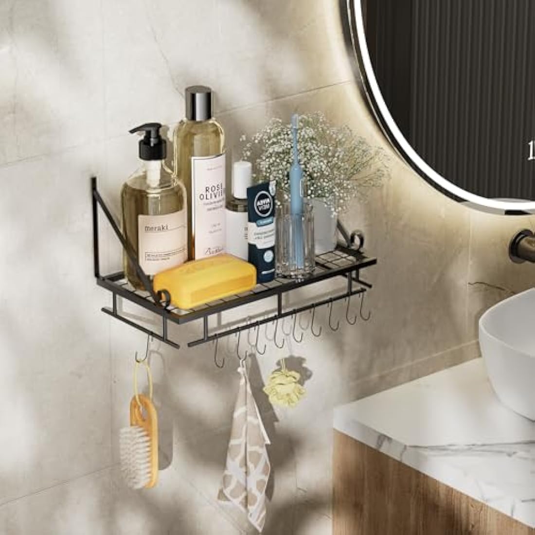 Wall Mounted Pot Rack – Iron Kitchen Shelf with 10 Hooks