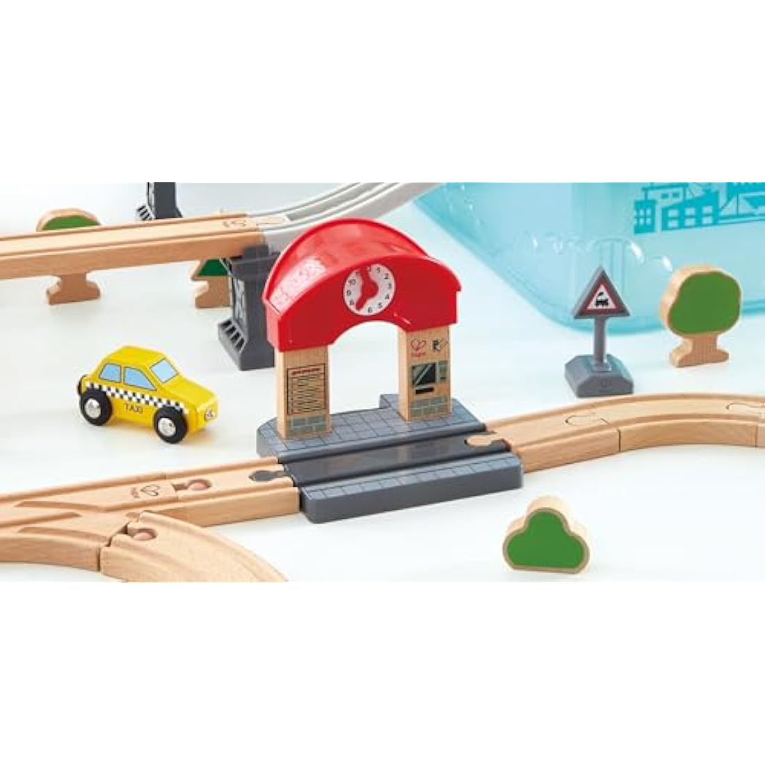 Hape City Railway Wooden Train Set with Storage Box - Ages 3 and Up