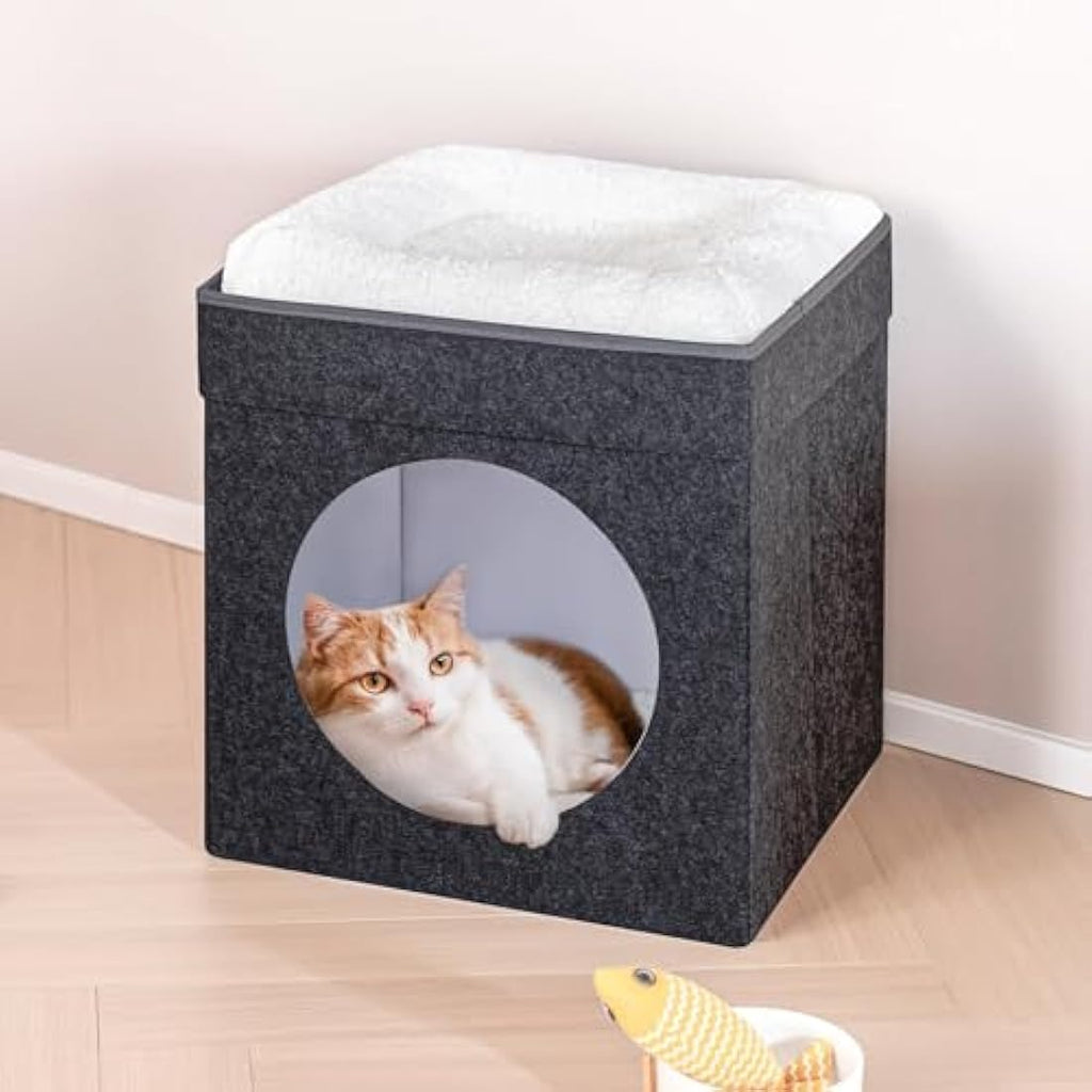 Bonlife Foldable Felt Cat House – Large Indoor Pet Bed with Cushion