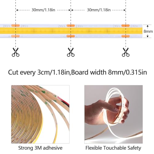 GOMING 49.2ft COB LED Strip Light | 24V Cool White 6000K Flexible Tape