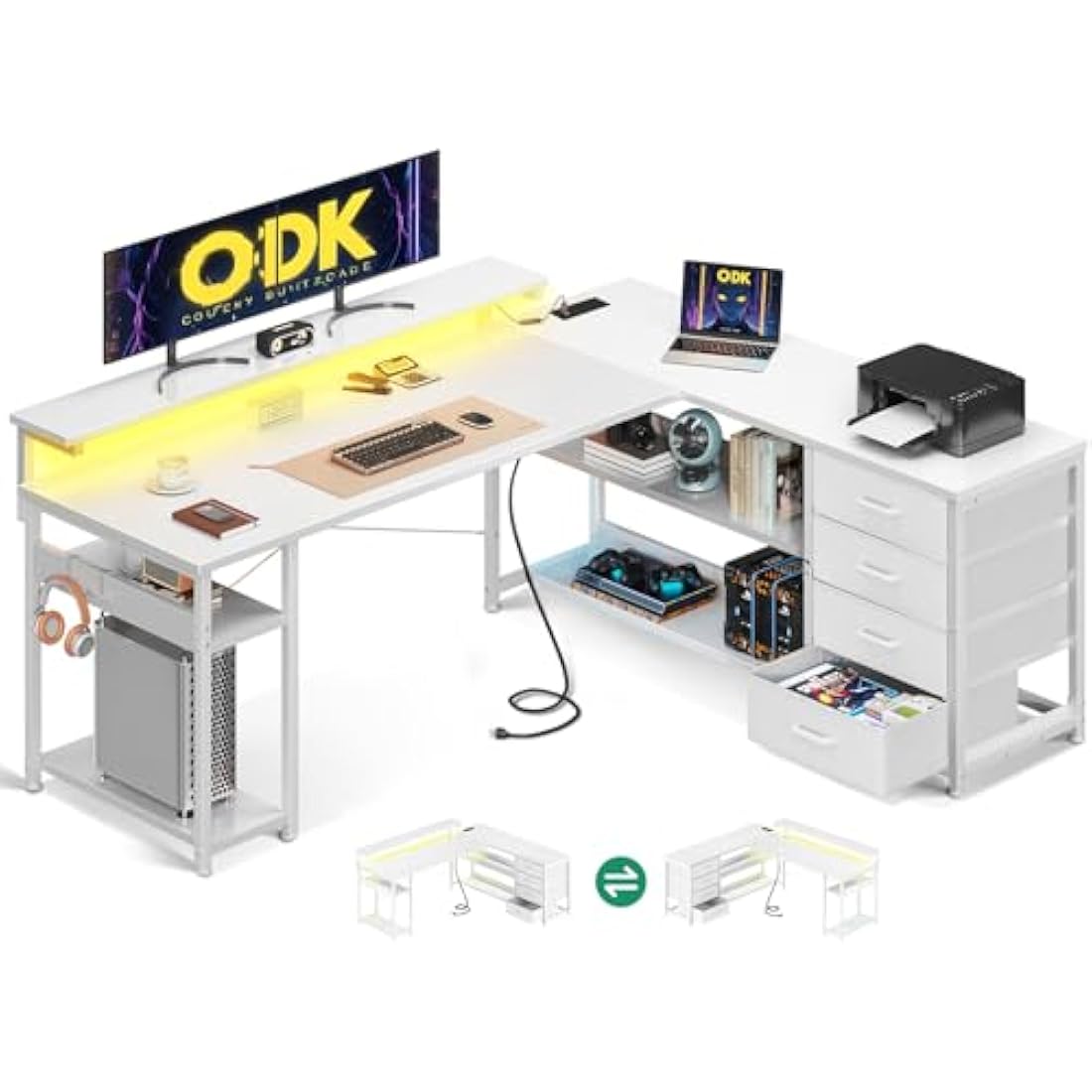 ODK L-Shaped Corner Gaming Desk with LED Lights & Drawers, White