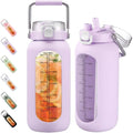 BLUEGO 2L Borosilicate Glass Water Bottle with Time Marker & Straw – Purple