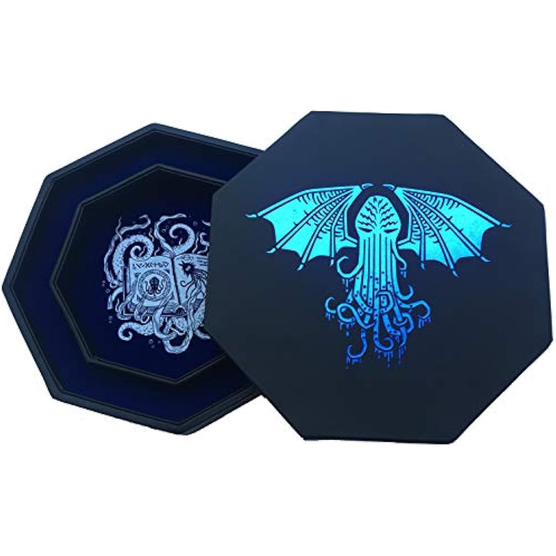 Cthulhu Tome Octagon Dice Tray with Lid – Blue Vegan Leather