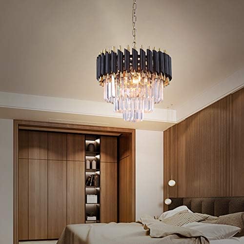 FRIXCHUR Modern 3-Tier Crystal Chandelier – Black and Gold Pendant Light