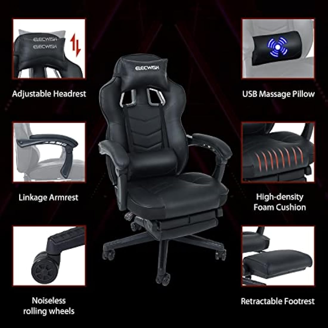 Fullwatt Gaming Chair with Footrest and Massage Lumbar - PU Leather Black