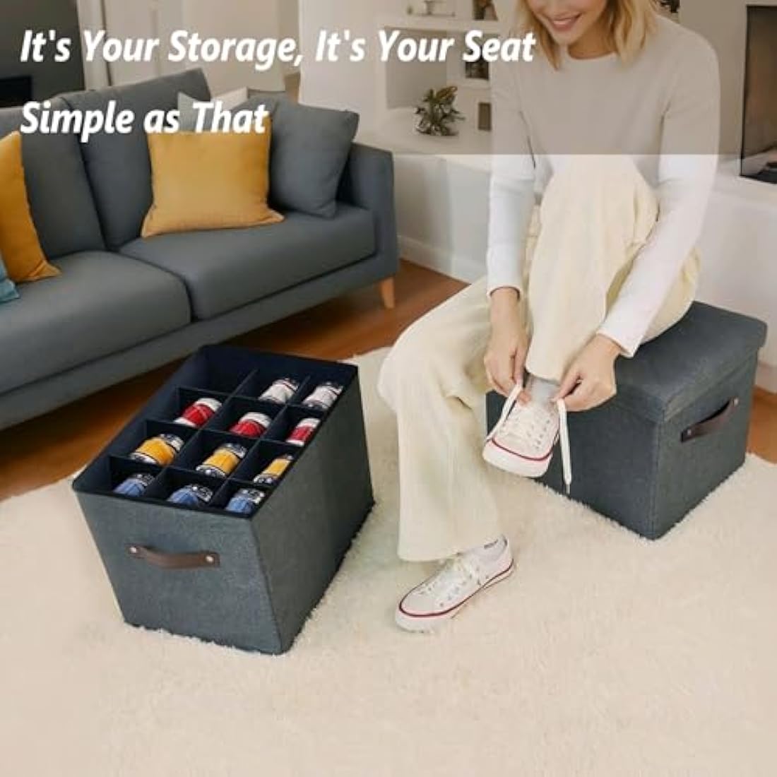 Hoiwio Storage Ottoman Shoe Organiser - Foldable Linen Bench with Dividers