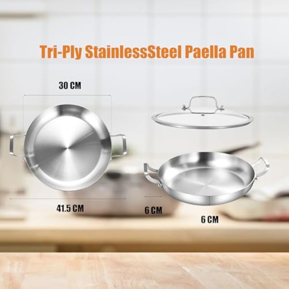 Inqibee 30 CM Tri-Ply Stainless Steel Paella Pan with Lid | Induction