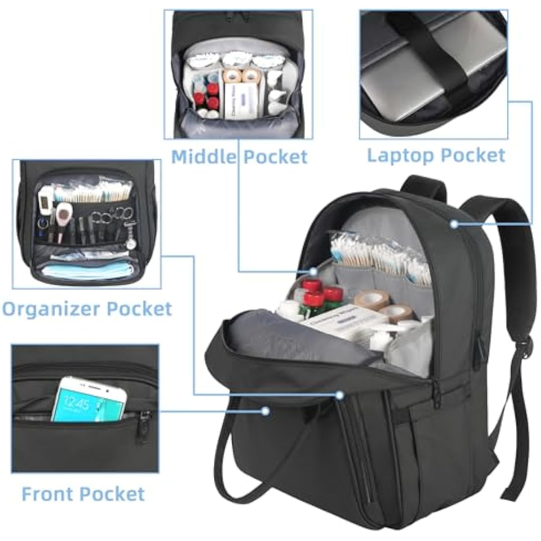 MATEIN Nurse Backpack | 15.6 Inch Laptop Medical Bag with Organizer, Black