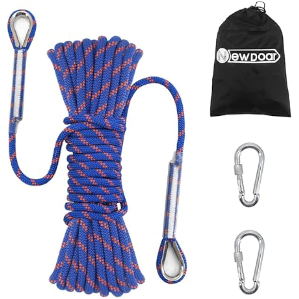 NewDoar 8mm Static Climbing Rope – 14KN Safety Cord with 2 Carabiners