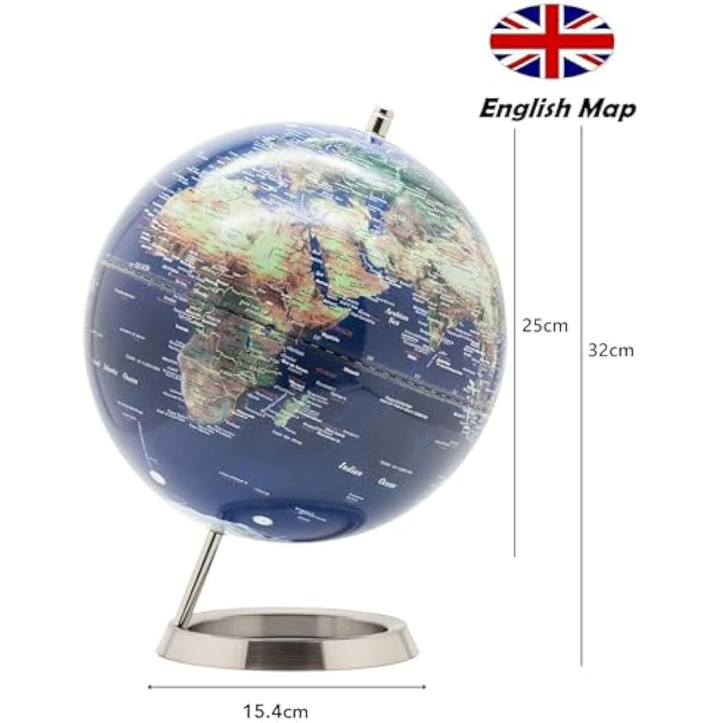 25cm World Globe | Navy Blue & Stainless Steel Desk Decor