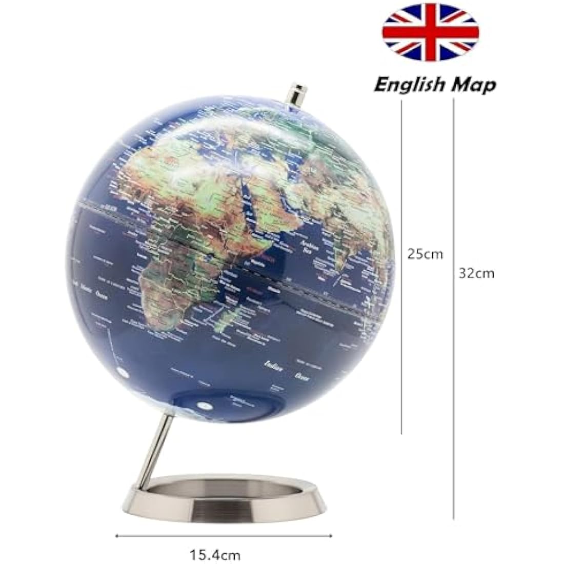 25cm World Globe | Navy Blue & Stainless Steel Desk Decor