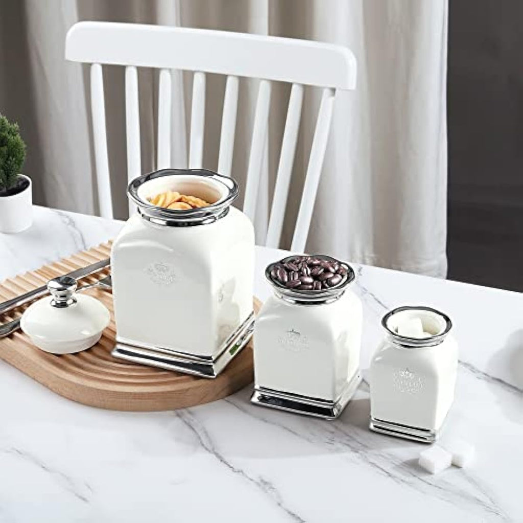 Fanquare 3-Piece Porcelain Kitchen Canister Set – Off White Ceramic Jars