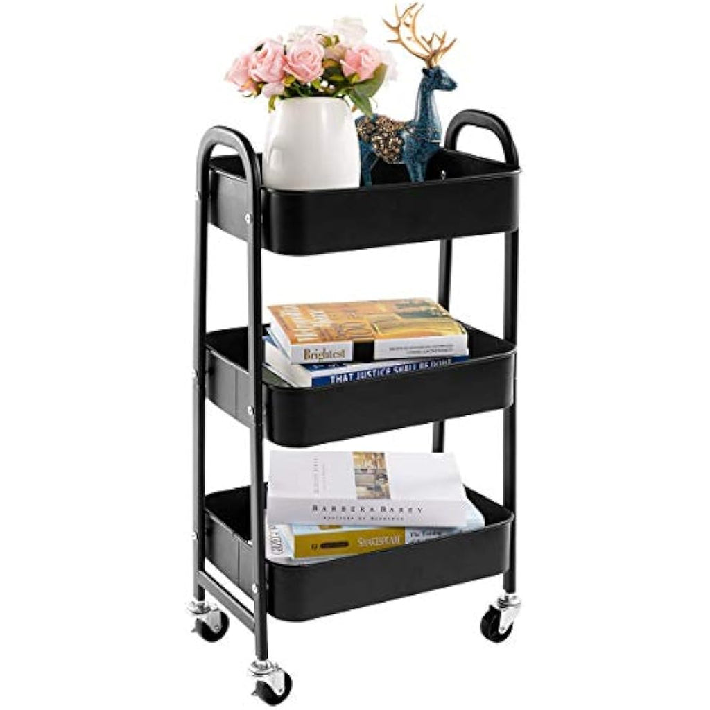 Jolof Store 3-Tier Metal Rolling Utility Cart - Slim Storage Trolley, Black