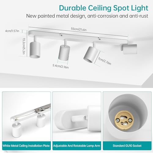 Wowatt 4-Way Ceiling Spotlight Bar | Matte White Adjustable GU10 Light