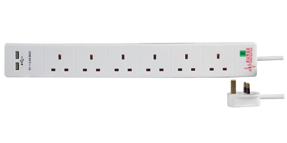 Pro Elec 6 Gang Surge Protected Extension Lead with 2 USB Ports, 5m