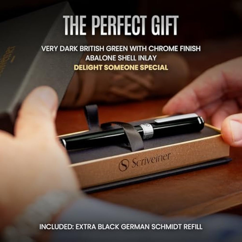 Scriveiner Luxury Rollerball Pen – Black & Green with Chrome Trim