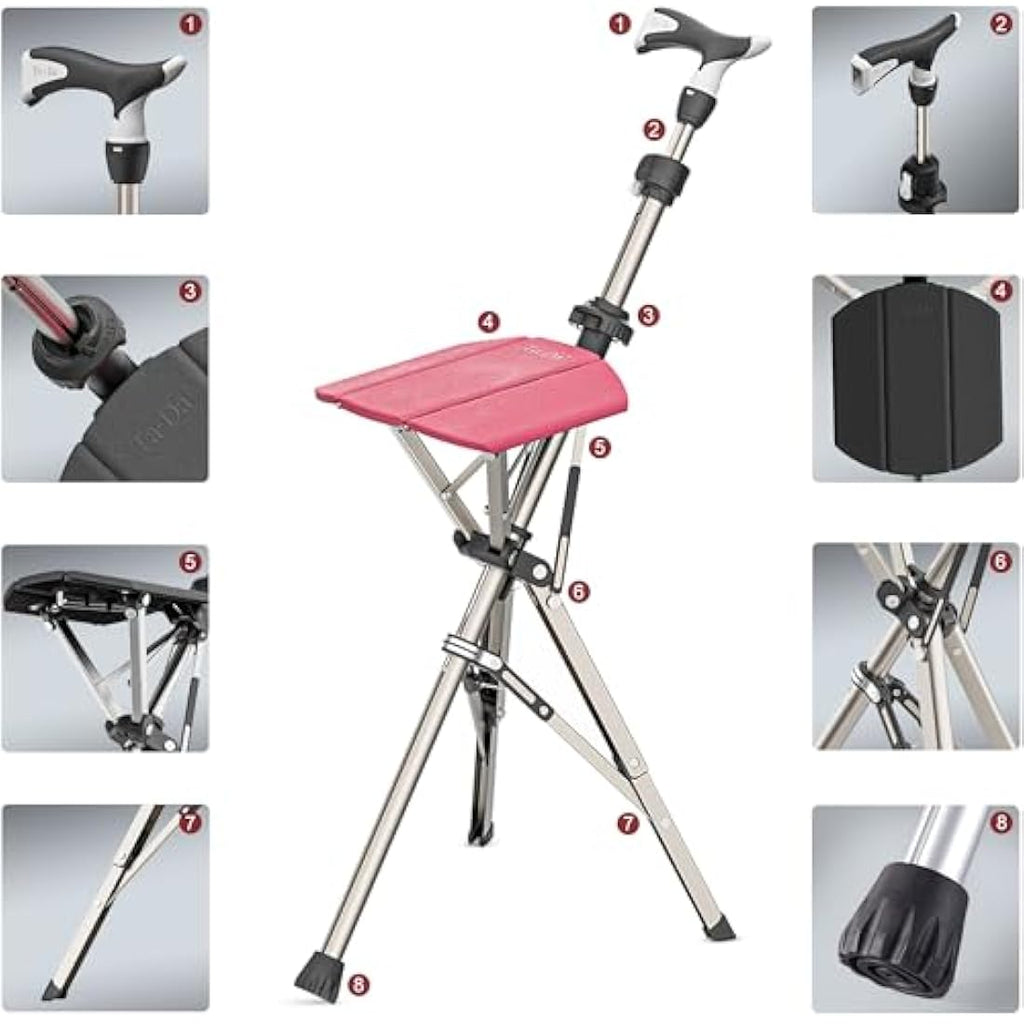 Ta-Da Chair PRO Walking Stick with Seat – Lightweight Folding Stool, Red