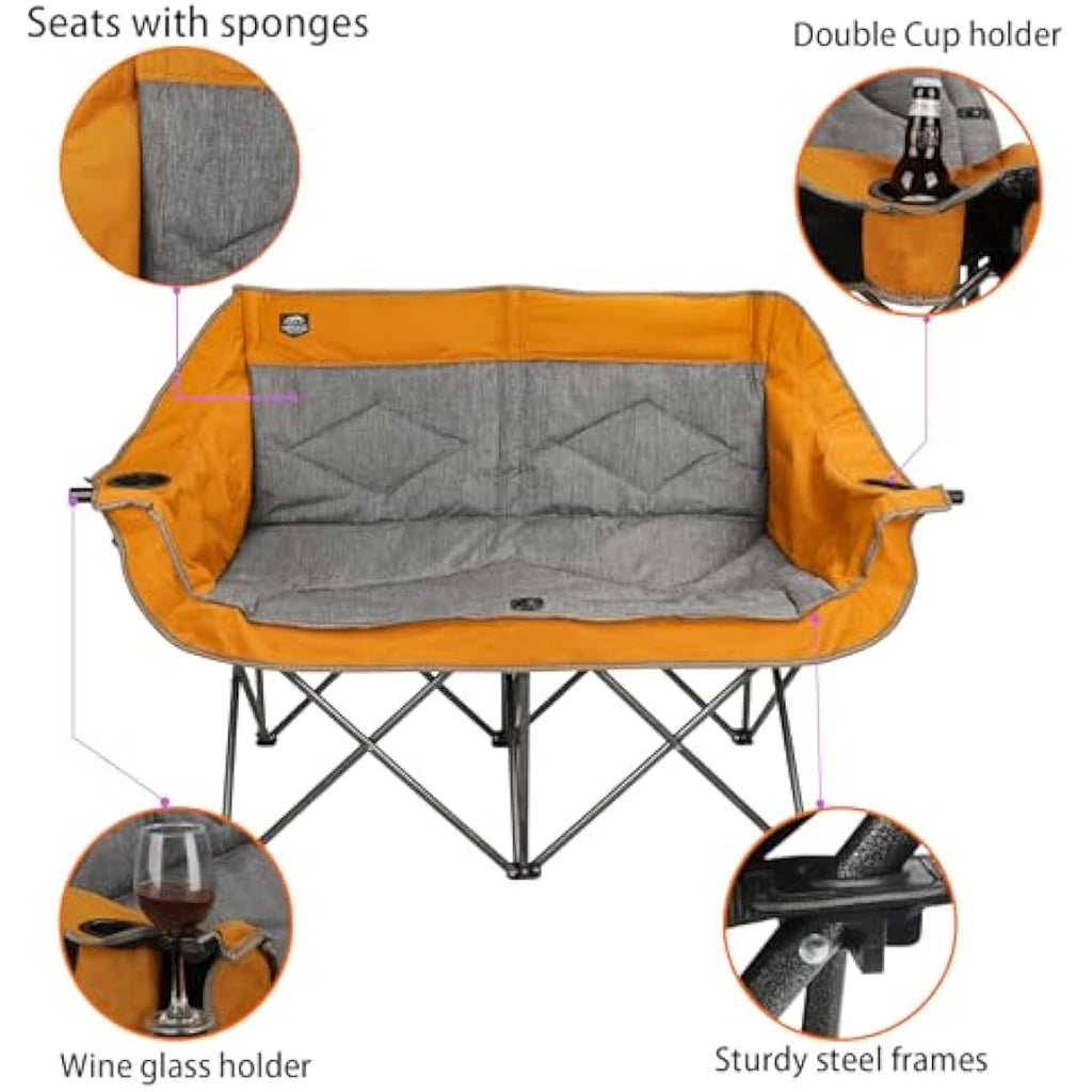 LANMOUNTAIN Folding Camping Loveseat – Heavy Duty Double Chair, Orange