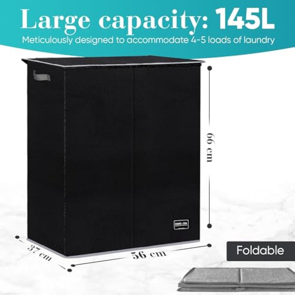 NUCAZA 145L Double Laundry Basket with Lid | Collapsible Hamper Black