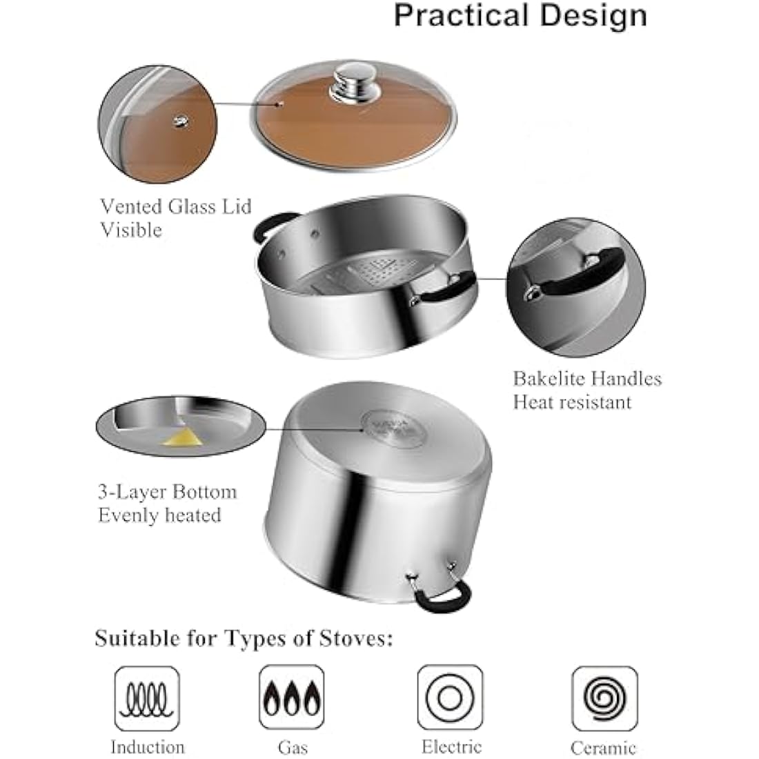 Vention 4.2L Stainless Steel Vegetable Steamer Pot for Induction Hob