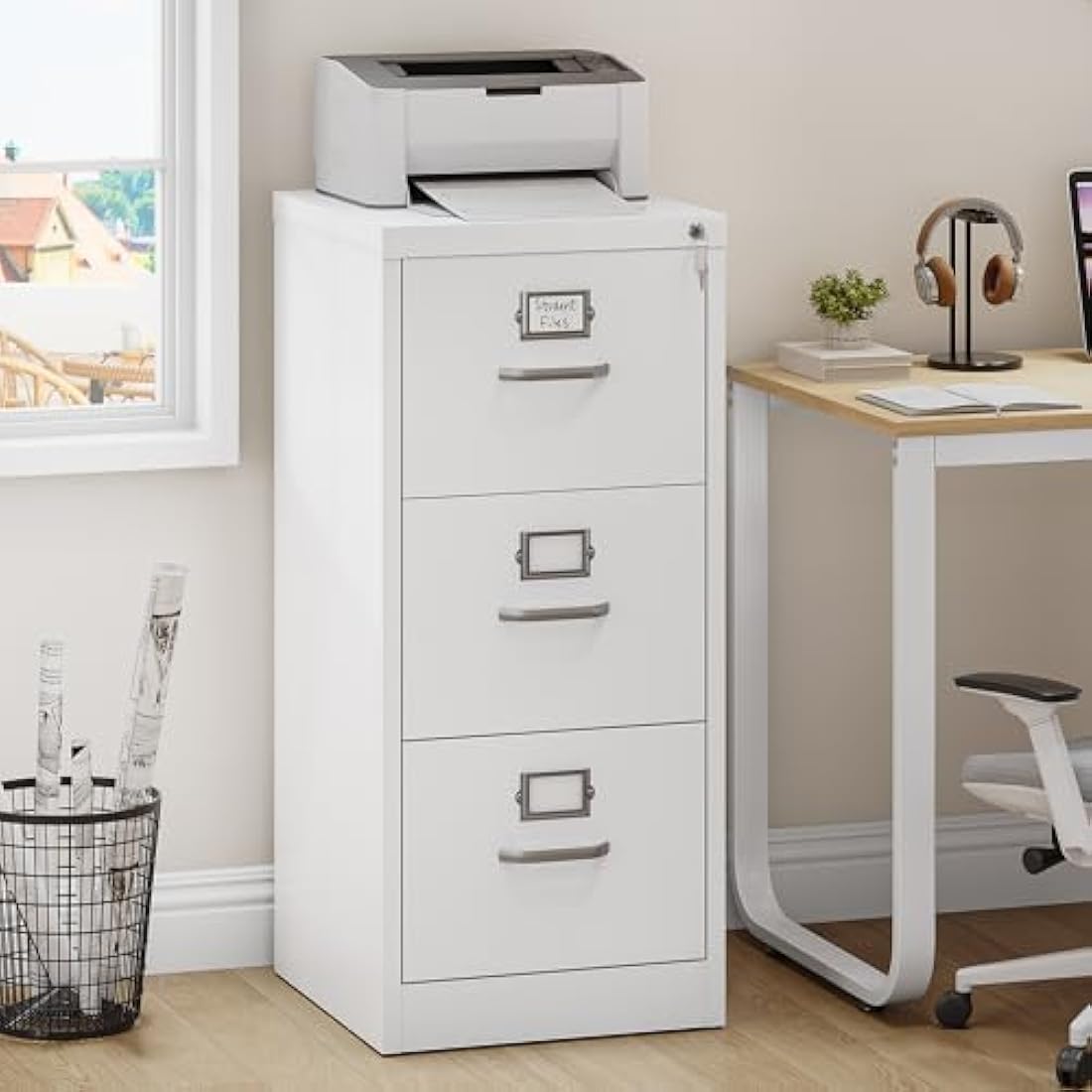 YITAHOME 3-Drawer Vertical File Cabinet | Lockable White Steel Storage