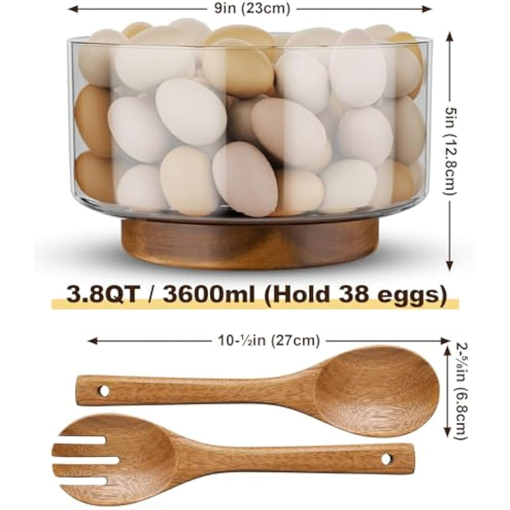 NiHome 3600ML Glass Salad Bowl with Acacia Wood Base and Tongs