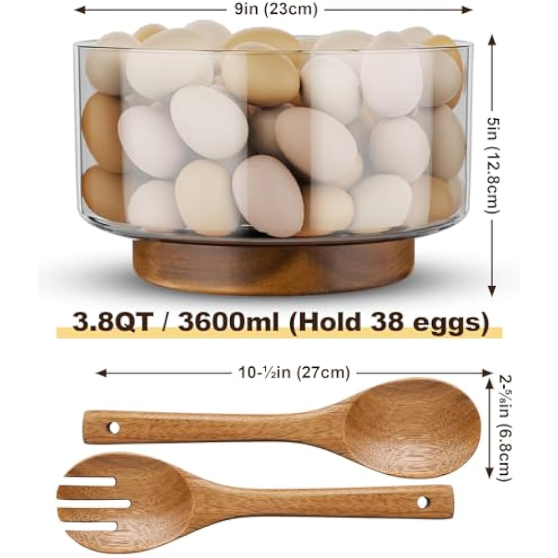 NiHome 3600ML Glass Salad Bowl with Acacia Wood Base and Tongs